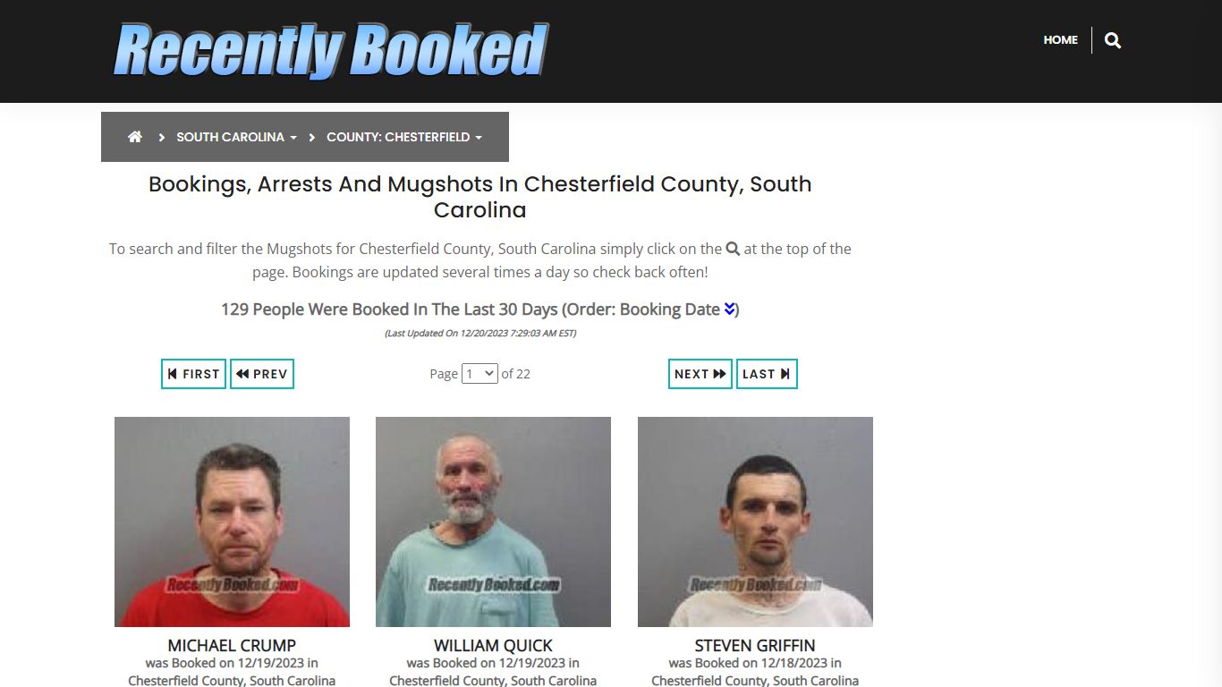 Bookings, Arrests and Mugshots in Chesterfield County, South Carolina